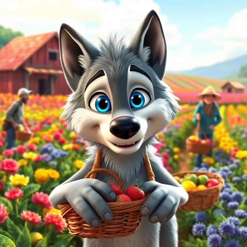 A friendly wolf, Lucas, a large gray wolf with bright blue eyes, helping farmers in a colorful farm field, smiling while carrying baskets of fruits, digital art, sunny day, vibrant colors, cheerful atmosphere, high quality