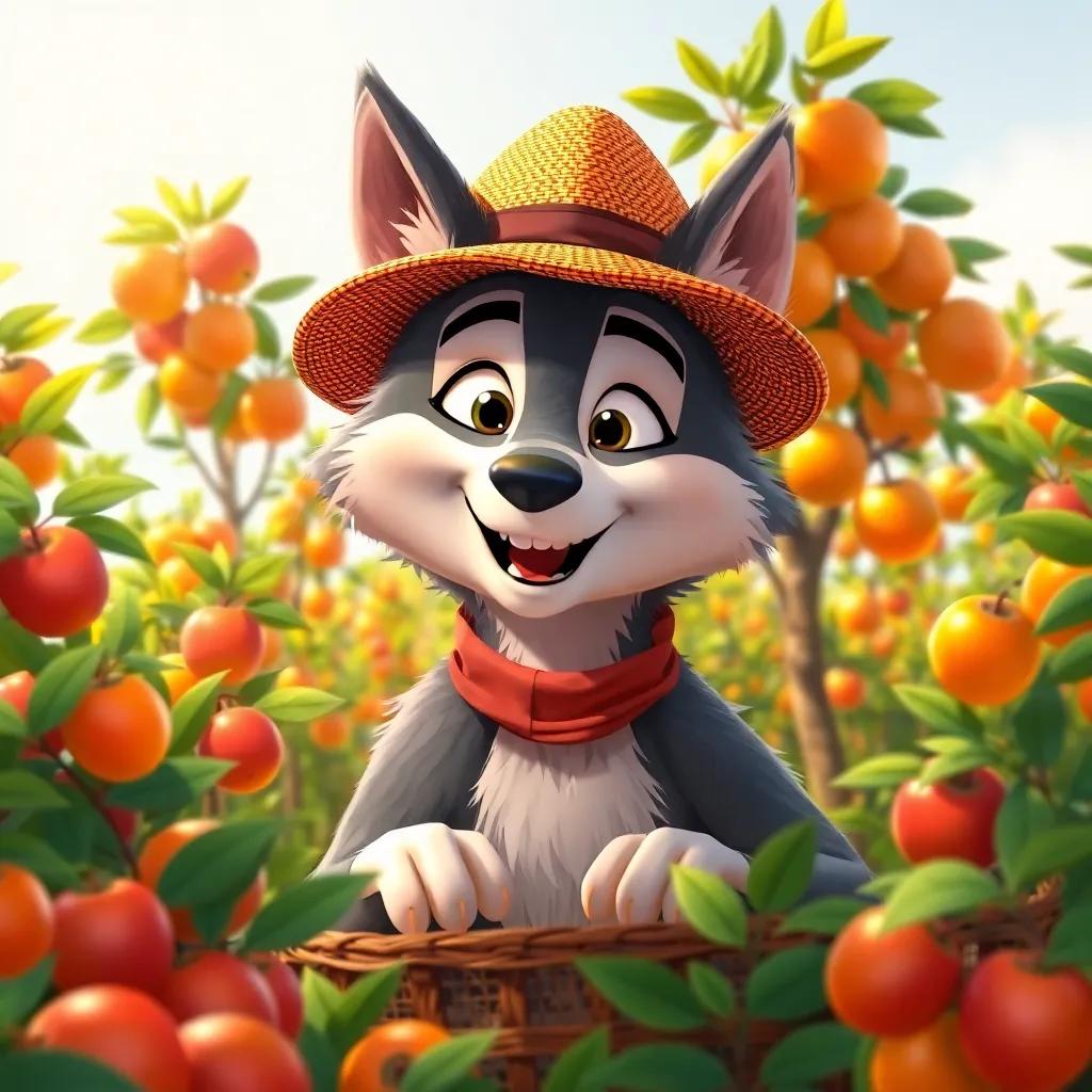Lucas, the wolf, enthusiastically helping farmers harvest fruits, wearing a small farmer's hat, surrounded by bright apple and orange trees, illustration, warm light, lively colors, teamwork in action, engaging