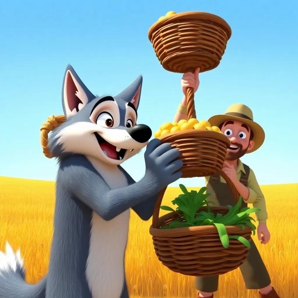 Lucas, the wolf, lifting a heavy basket with his strong paws, farmers looking surprised but happy, golden fields in the background, clear blue sky, child-friendly style, colorful, lively