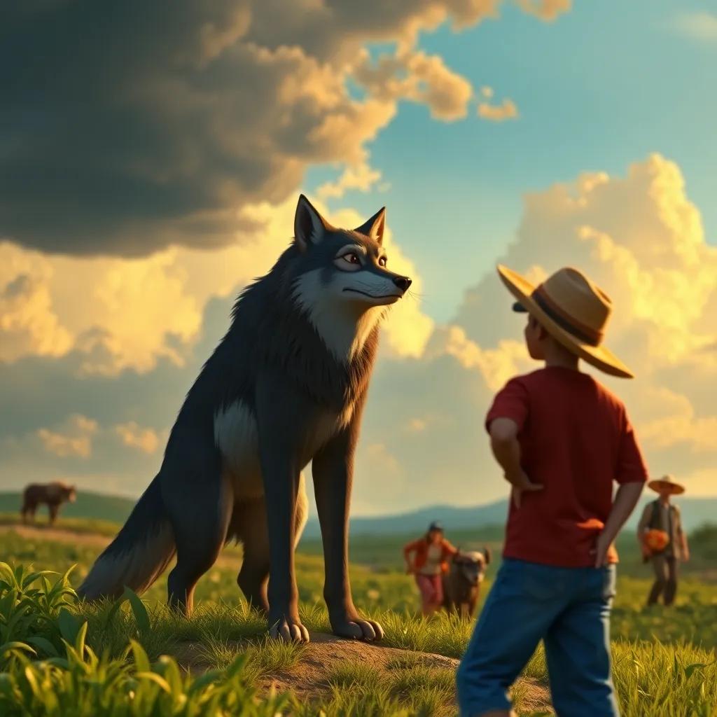 Lucas alerting farmers about a coming storm, wolf standing tall and brave, dark clouds in the distance, farmers carrying fruits, dramatic view, engaging, warm colors, teamwork scene