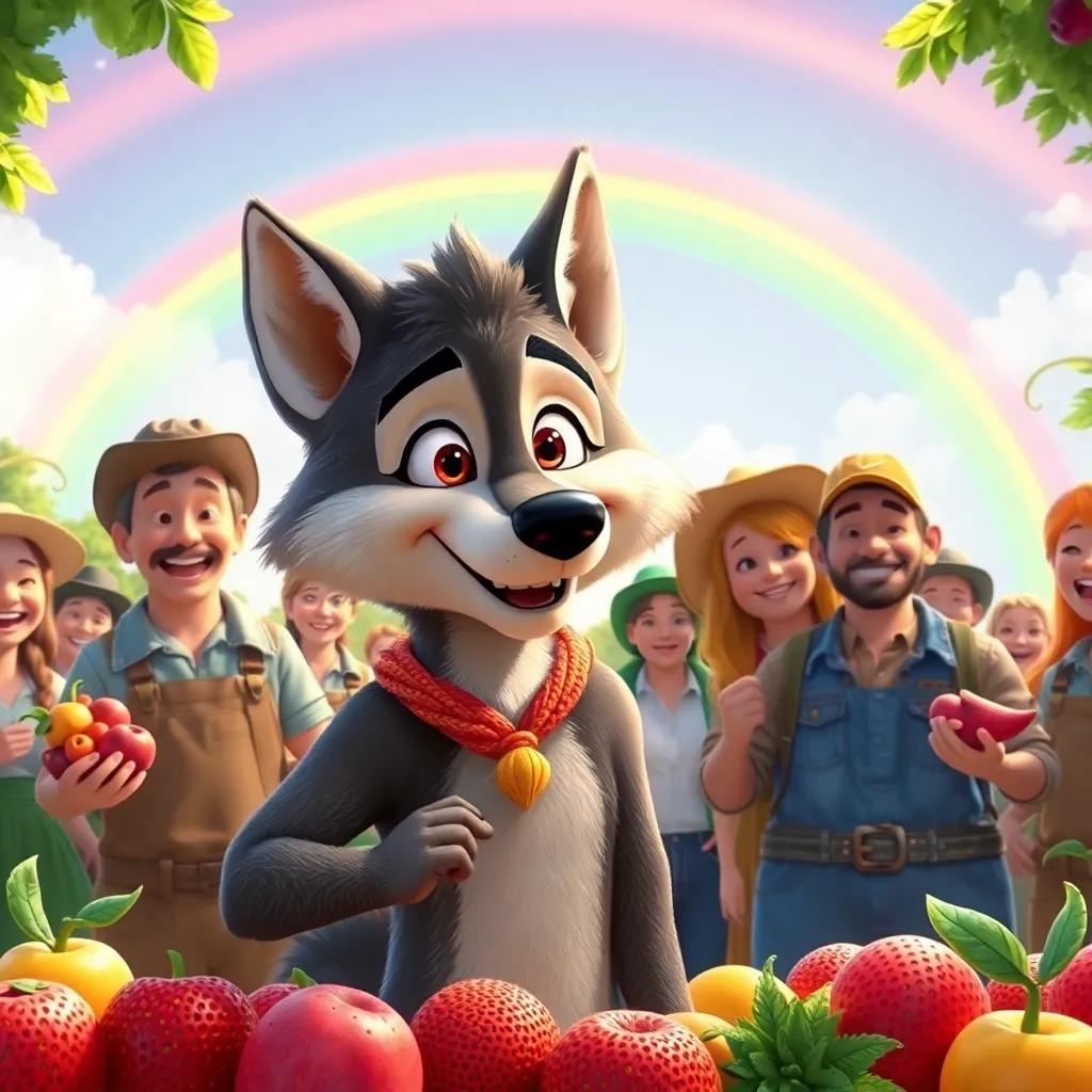 Lucas, the wolf, happily celebrating with farmers after a good harvest, everyone smiling under a bright rainbow, colorful fruits everywhere, joyful gathering, bright and cheerful, high quality