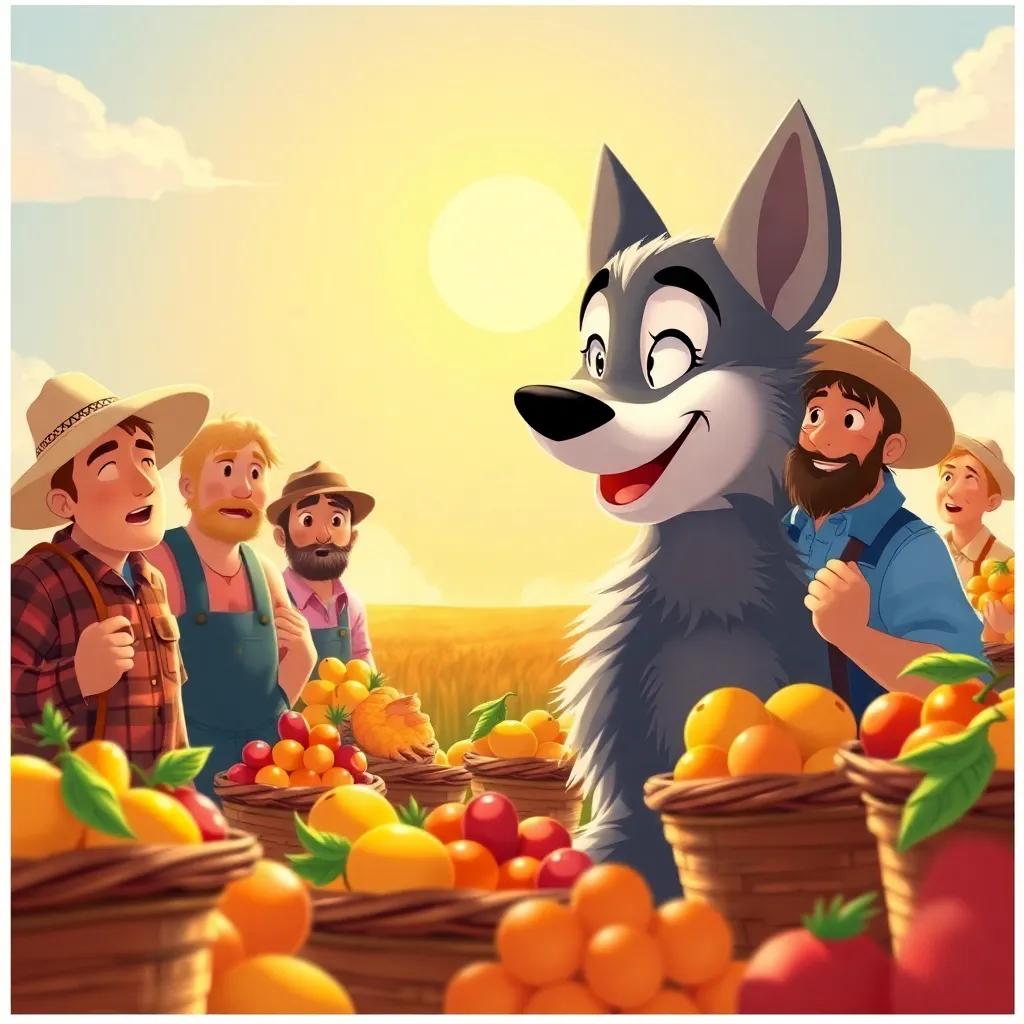 Leo the wolf smiling at surprised farmers, surrounded by baskets of fruits, under a sunny sky, friendly, warm light, heartwarming moment, illustration, child-friendly