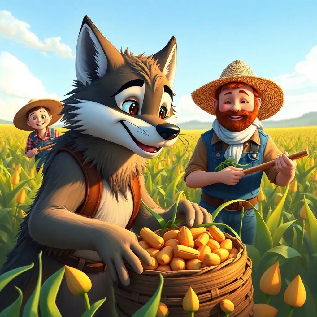Leo the wolf working together with farmers, happily gathering crops in the fields, full of laughter and joy, detailed digital painting, bright colors, teamwork theme