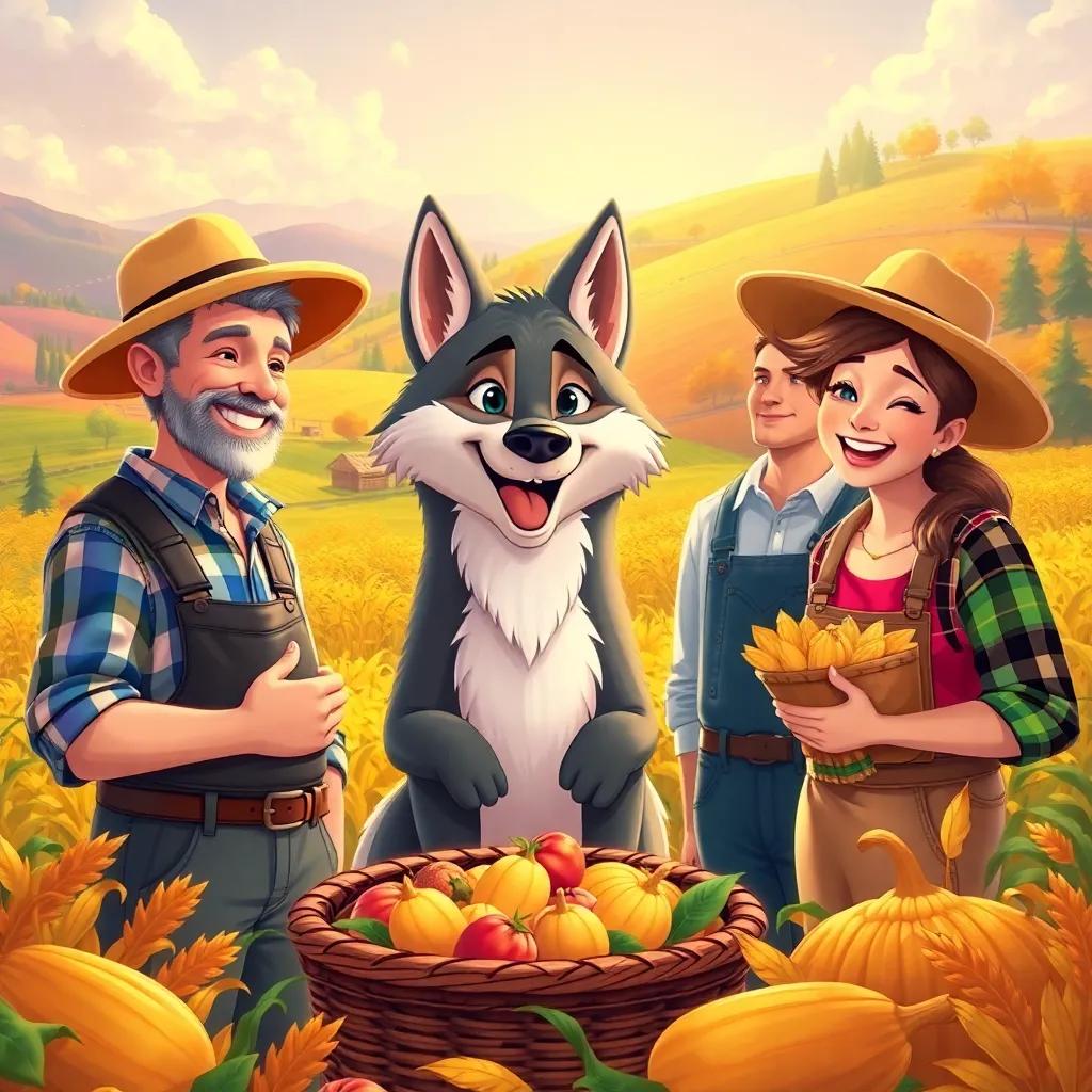 Farmers thanking Leo the wolf with smiles, surrounded by bountiful harvest, colorful landscape with fields and trees, uplifting scene, vibrant art, heartwarming