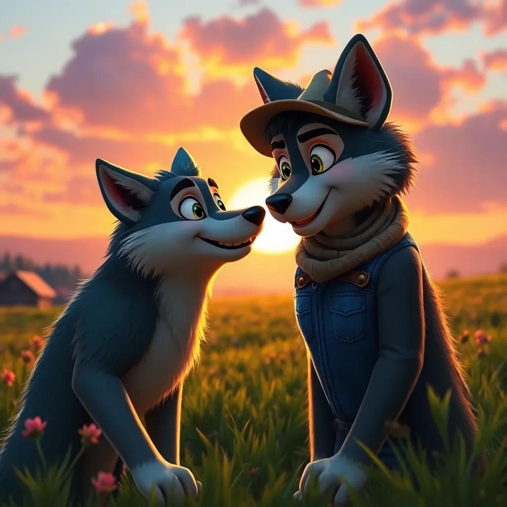 Leo the wolf visiting farmers again, showcasing their friendship, a beautiful sunset in the background, embracing community spirit, colorful, warm blend, fantasy art
