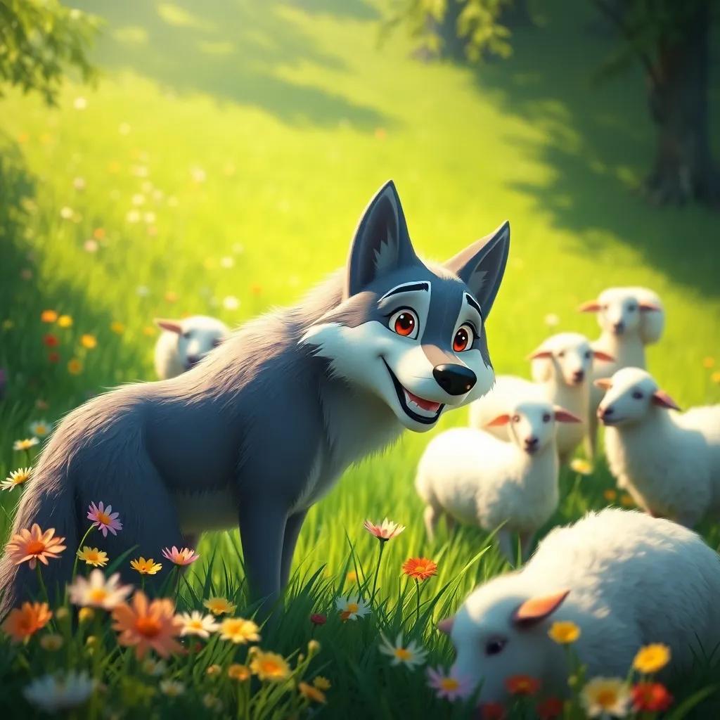 A different wolf named Luis, a gray wolf with a friendly smile, watching sheep play in a green meadow filled with flowers and bright sunshine, digital art, colorful, warm atmosphere, high quality