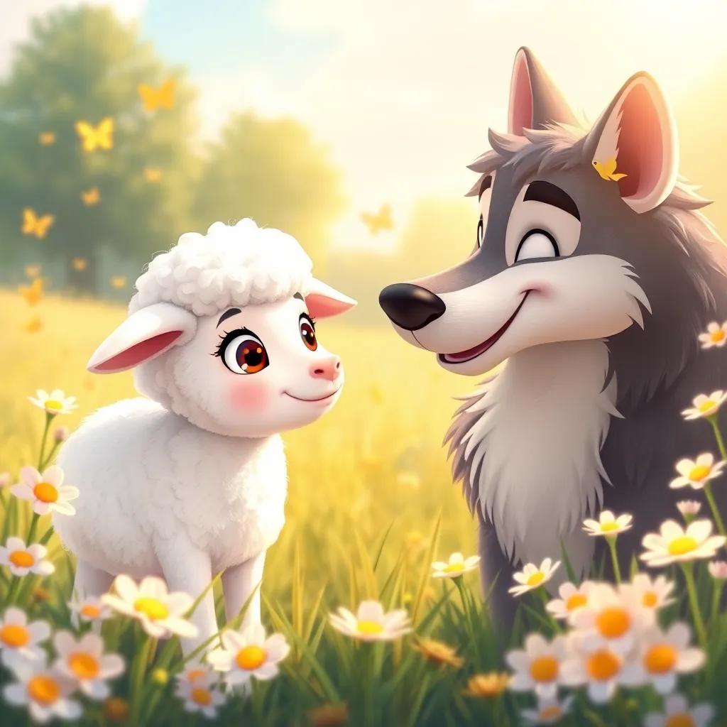A white sheep named Olivia, with fluffy wool and bright eyes, meeting Luis the wolf, both smiling in a sunny meadow surrounded by glowing flowers and butterflies, illustration, cheerful, inviting atmosphere, high quality