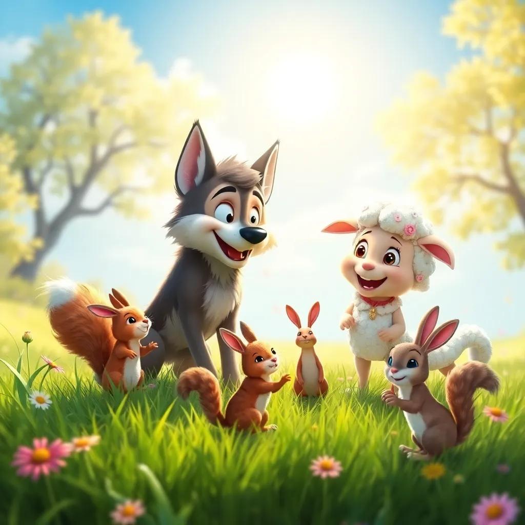Luis, the friendly wolf, and Olivia, the sheep, playing with a squirrel and a rabbit in the meadow, the bright sun shining on them, creating a joyful scene full of laughter and fun, digital art, colorful, heartwarming, high quality