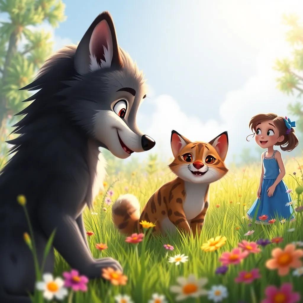 Luis the wolf fearlessly approaching a wild cat, showing confidence and bravery, while Olivia watches in excitement, surrounded by the colorful meadow with flowers and sunlight, illustration, storytelling view, high quality