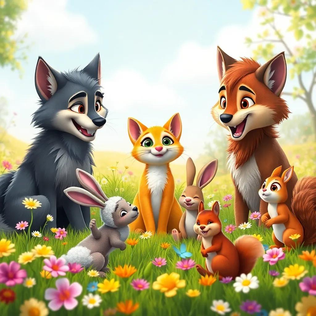 The wild cat joining a circle of friends that includes Luis the wolf, Olivia the sheep, a rabbit, and a squirrel, all playing happily together in a vibrant meadow filled with flowers, cheerful atmosphere, digital art, bright colors, high quality