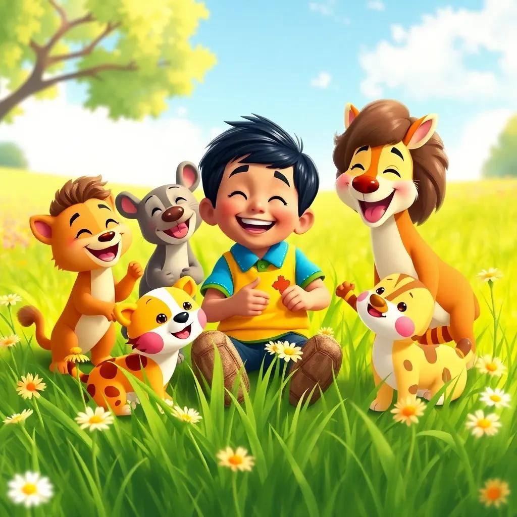Luis and his diverse friends happily playing together in the meadow, with laughter and love surrounding them, showcasing different animal friends, vibrant scenery, friendship theme, illustration, child-friendly, high quality