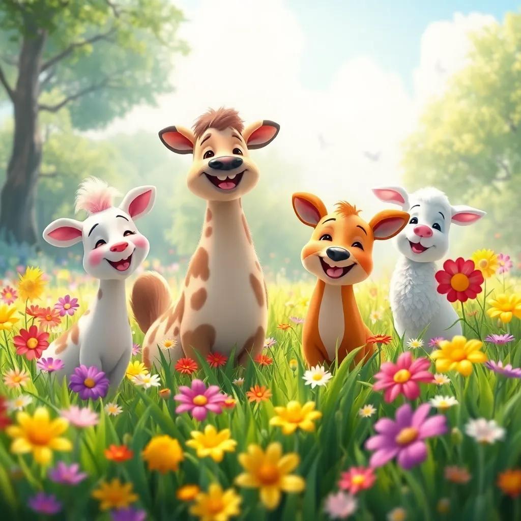The meadow filled with colorful flowers and happy animals, representing the idea of friendship beyond appearances, a heartwarming scene with joyful expressions, digital painting, bright colors, uplifting, high quality