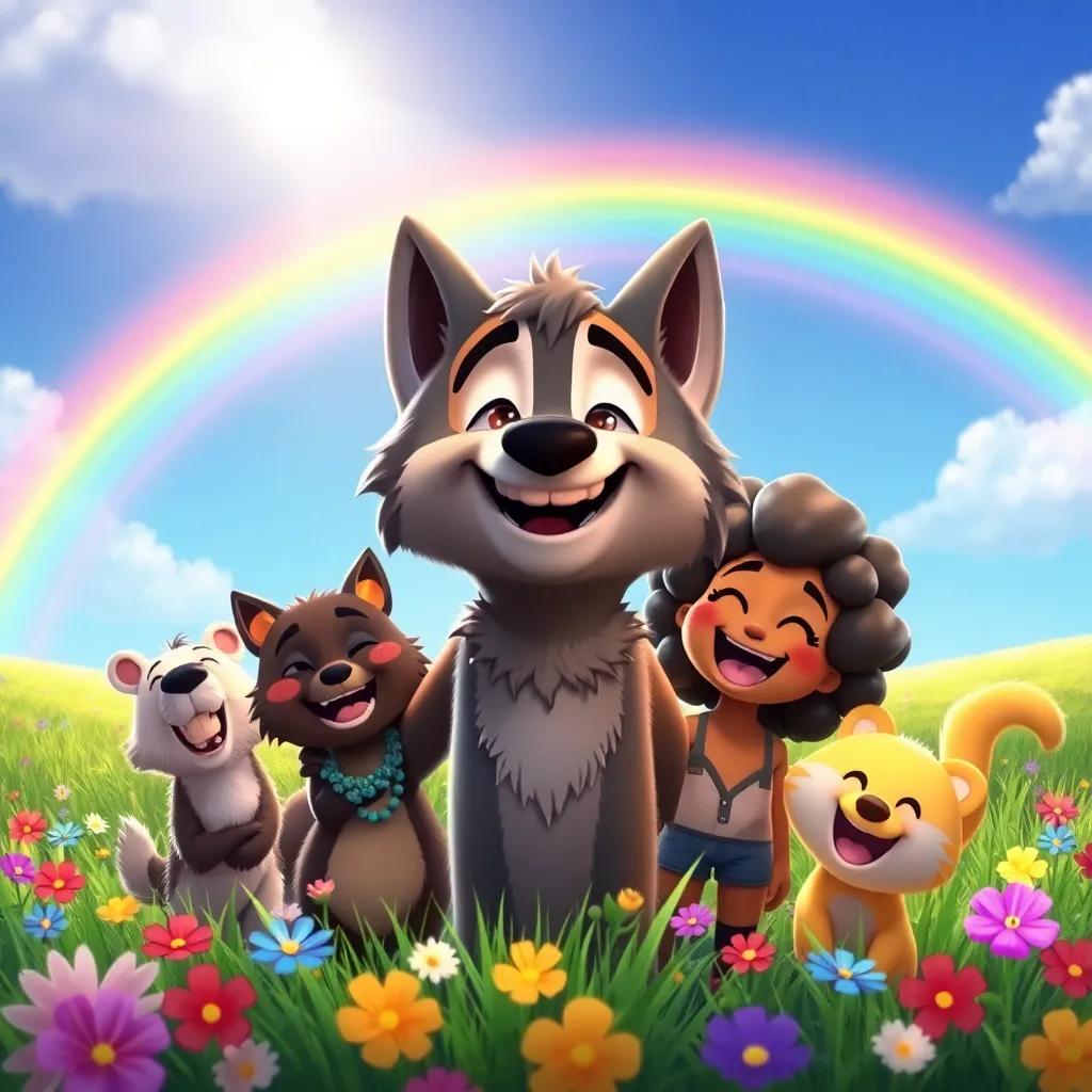 Luis the wolf and his diverse friends celebrating their friendship under a bright rainbow in the sky, symbolizing joy and acceptance, surrounded by a lively meadow full of colors and laughter, digital art, cheerful, heartwarming, high quality