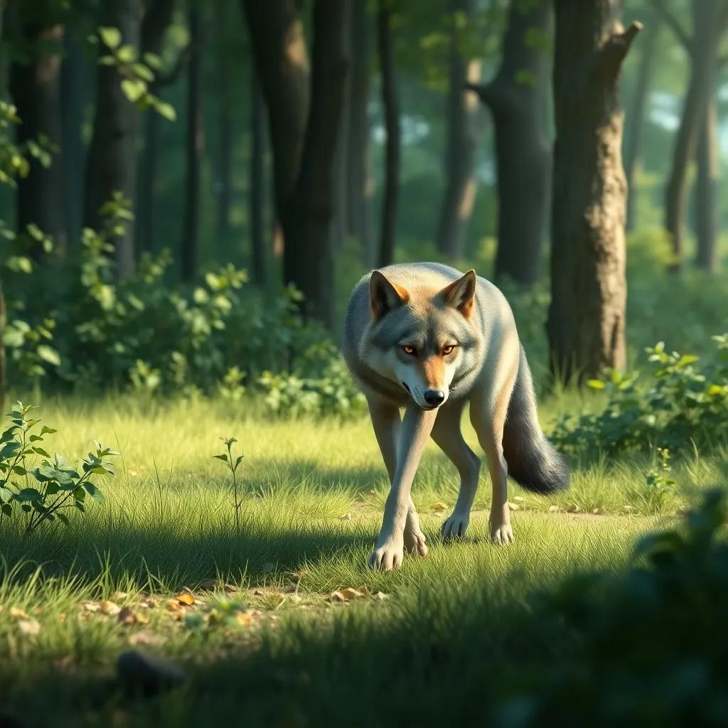 A solitary wolf, looking sad, walking through a green forest, fresh leaves visible, soft light filtering through trees, detailed digital art, bright colors, inviting atmosphere, high quality