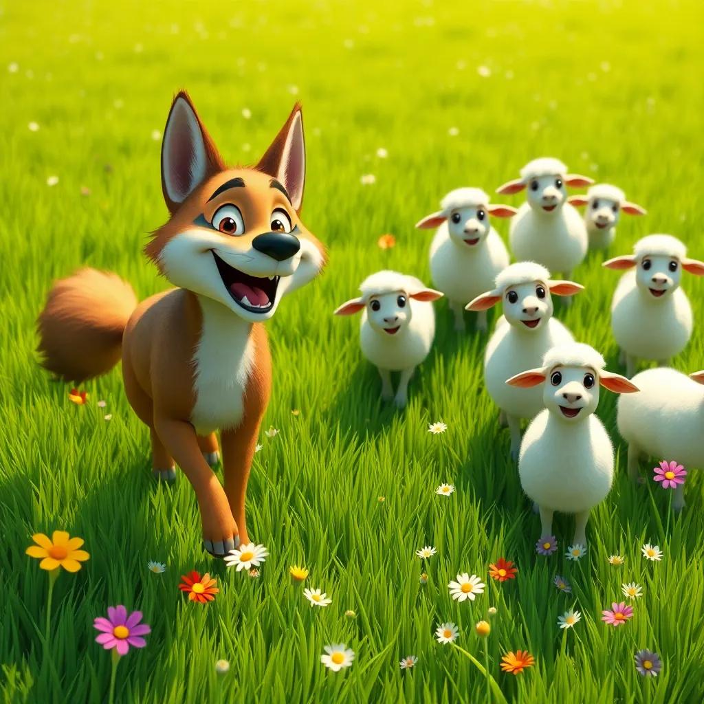 A happy wolf, joyfully approaching a flock of sheep in a sunny field, green grass all around, playful expressions on sheep, vibrant flowers scattered, cheerful scene, high quality