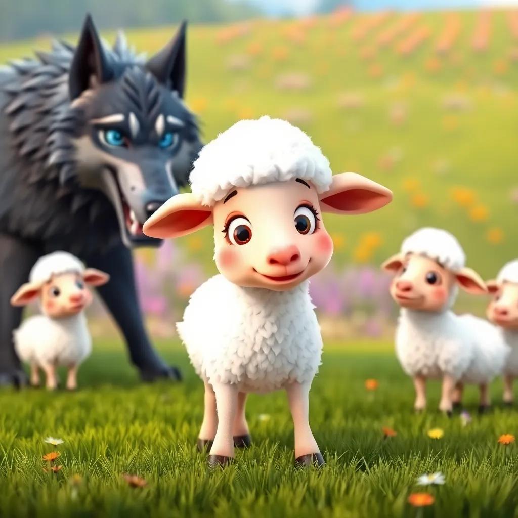 A brave sheep named Lana, standing in front of the wolf, with a curious expression, the other sheep watching, colorful meadow background, engaging atmosphere, cute style, high quality