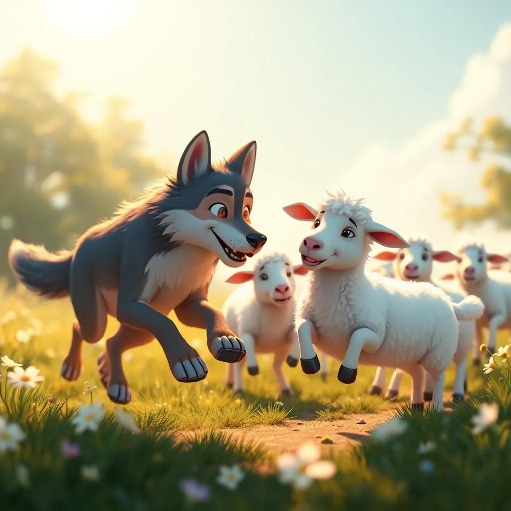 The wolf playing with the sheep, running and jumping together under the sun, flowers swaying, joyful moments together, bright colors, warm and happy scene, high quality