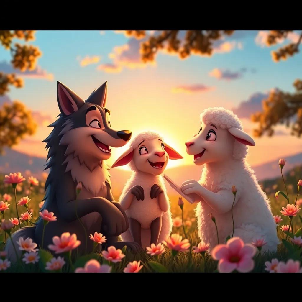 The wolf and sheep enjoying time together at sunset, laughing and sharing stories, surrounded by blooming flowers, magical evening light, warm atmosphere, heartwarming image, high quality