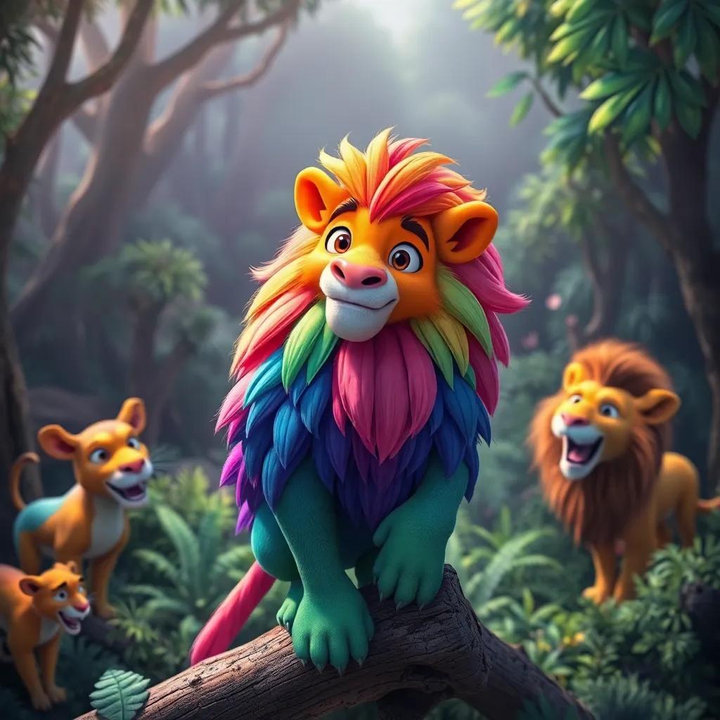 Un loro colorido llamado Carlos, posado en una rama alta en la selva, rodeado de animales emocionados como monos y leones, arte digital, colores vibrantes, ambiente alegre, perspectiva alta