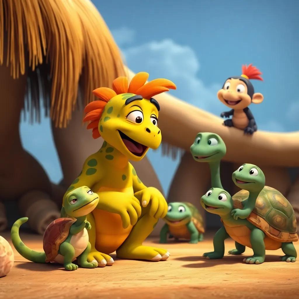 Carlos el loro, contando un chiste, con monos riendo al borde de la rama, tortugas mirando con alegría, escena divertida, arte infantil, alegre