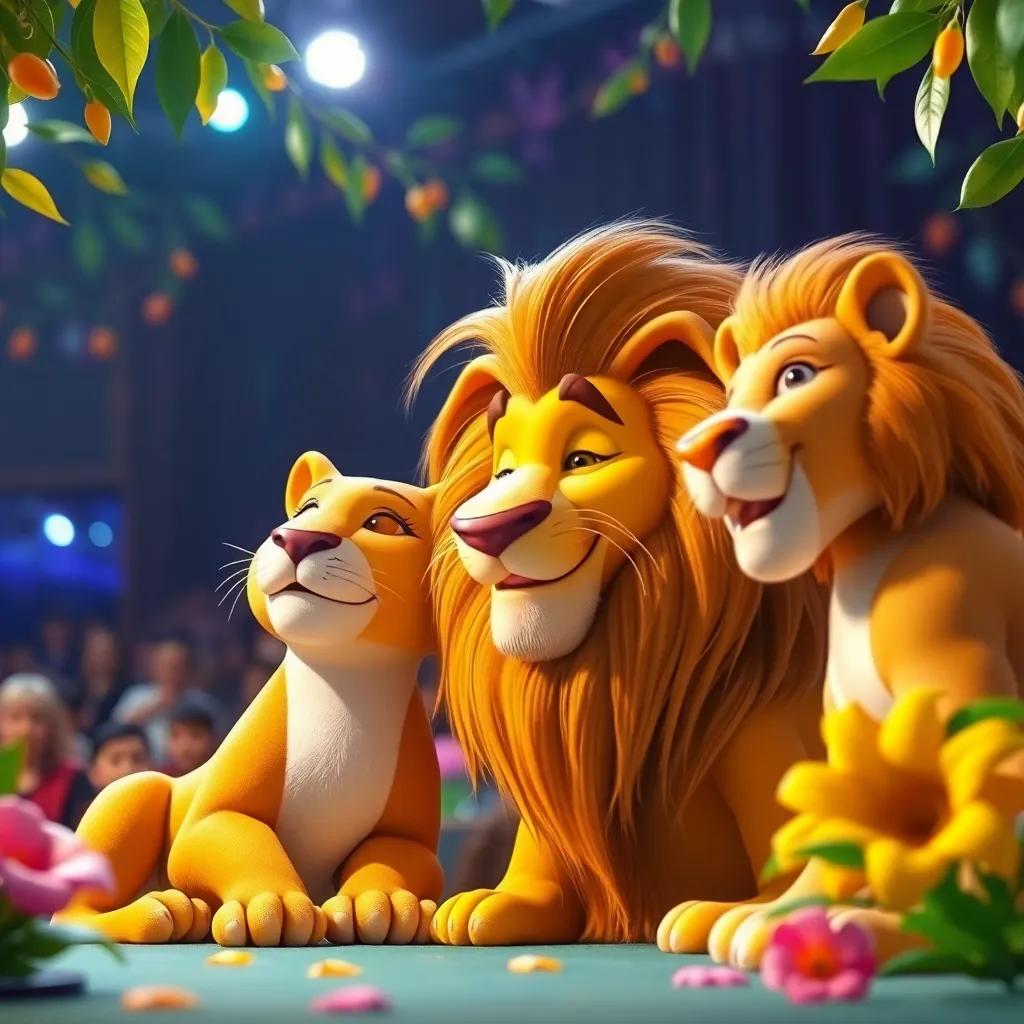 Un león riendo a carcajadas junto a un loro en un show, decorado con hojas y flores de la selva, ambiente divertido, colores alegres, perspectiva de la multitud