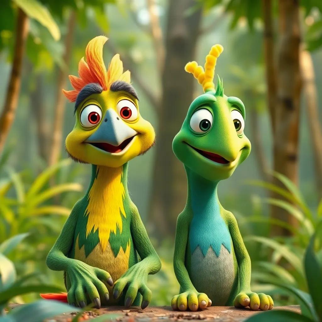 Carlos el loro con su amigo Pepe, el loro, preparándose para contar chistes, con una selva colorida detrás, duo animado, gran sonrisa, arte digital, energía positiva