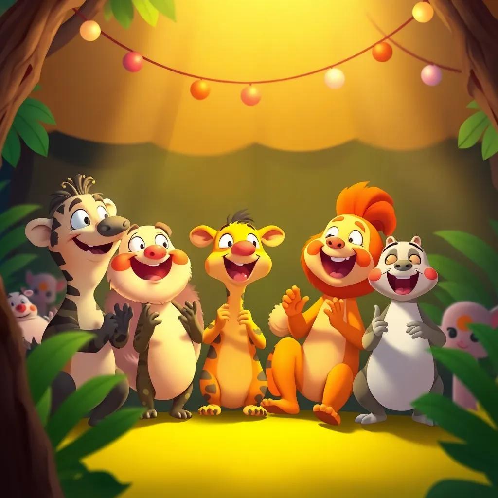 Animales de la selva aplaudiendo y riendo, disfrutando del show de chistes, atmósfera animada, caricaturesco, ambiente festivo, alegre, infantil