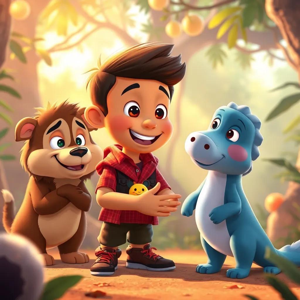 Carlos agradeciendo a sus amigos animales tras el show, todos sonrientes en la selva, ambiente cálido y acogedor, ilustración festiva, familia
