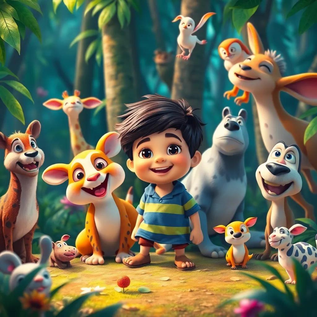 Un collage de animales riendo en la selva, con Carlos en el centro, representando alegría, ambiente divertido, colores variados y luminosos, alegre