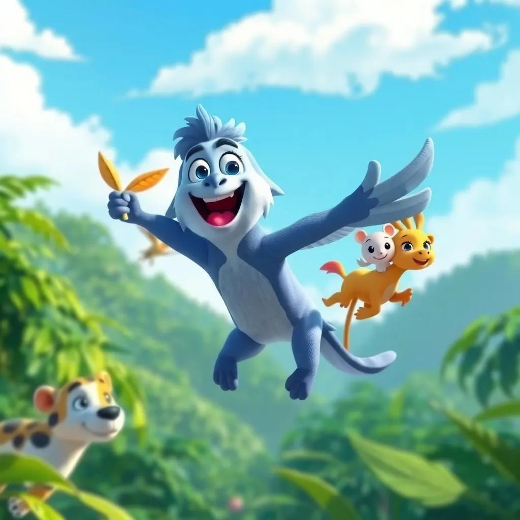 Carlos el loro, volando felizmente en la selva, siendo abrazado por sus amigos animales, con un cielo azul brillante, ilustración alegre, gran energía y color