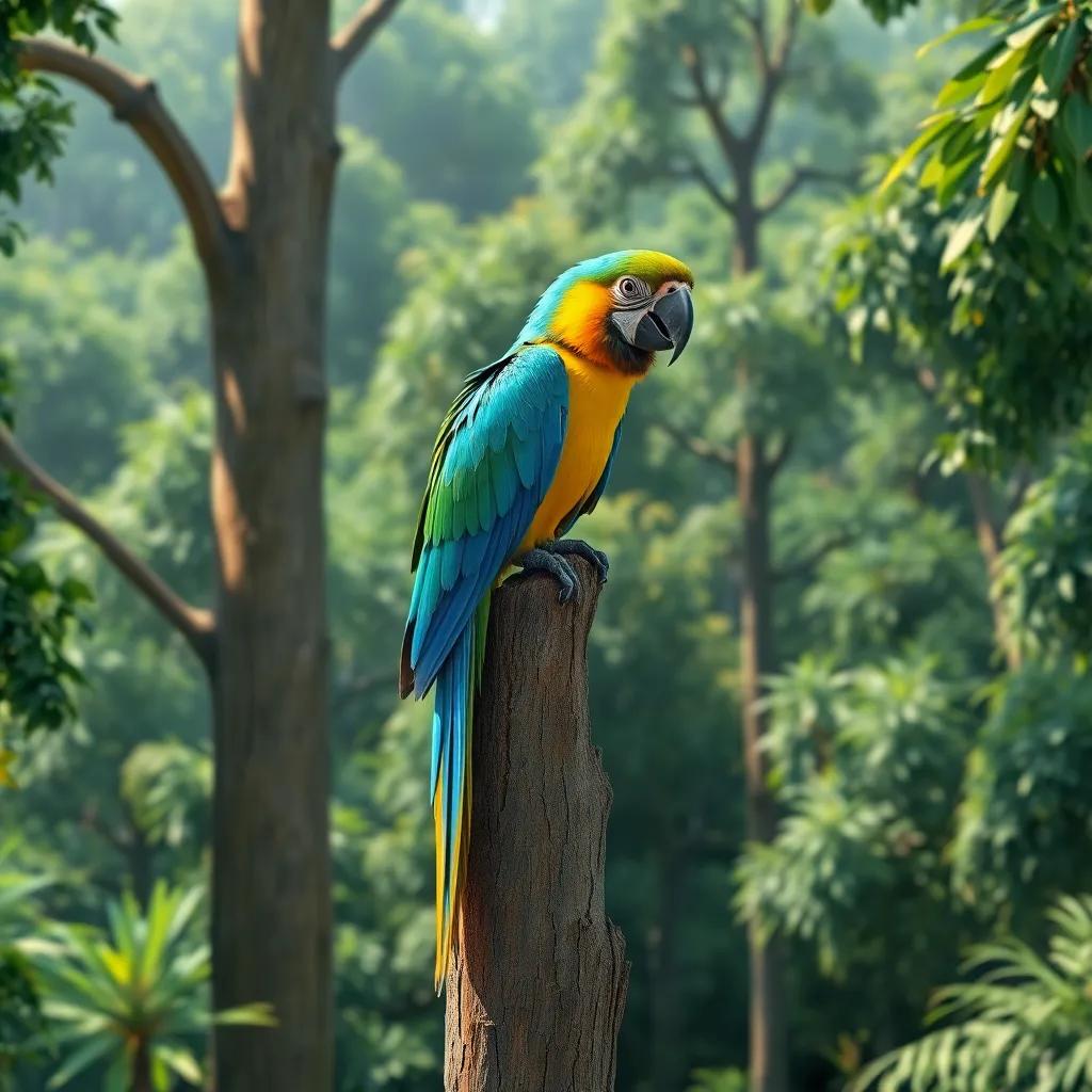 A colorful parrot, Lolo, with bright blue and green feathers, sitting on the highest branch of a tall tree in a dense green forest, vibrant colors, sunny atmosphere, cheerful, high quality