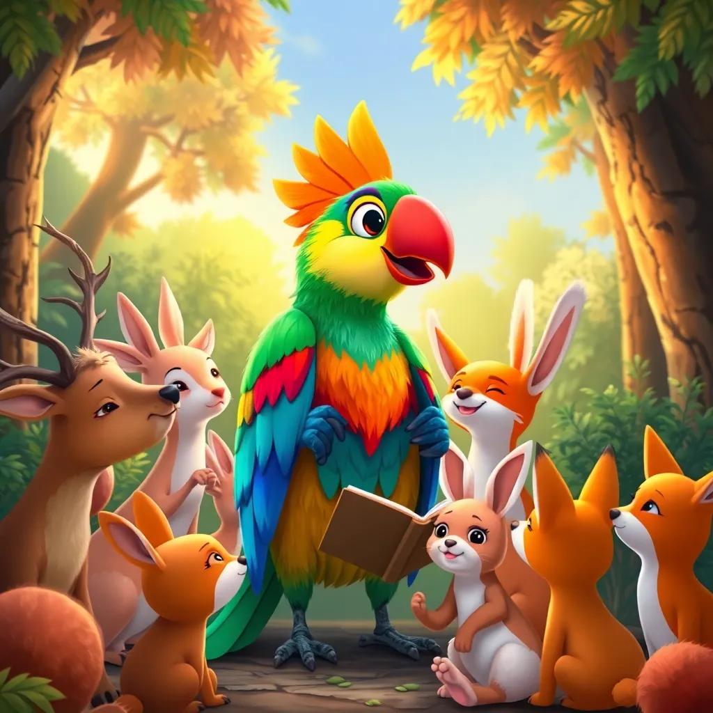 Lolo, the colorful parrot, surrounded by curious forest animals like deer, rabbits, and foxes, gathered together, eager to listen to a story, cheerful mood, illustration, friendly ambiance, high quality
