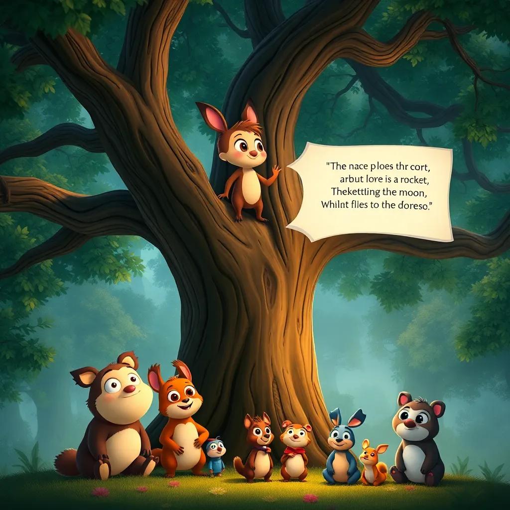 Lolo standing proudly on a large oak tree, narrating a story about a rocket that flies to the moon, forest animals sitting below with wide eyes, warm light, storytelling scene, enchanting atmosphere, delightful colors, high quality
