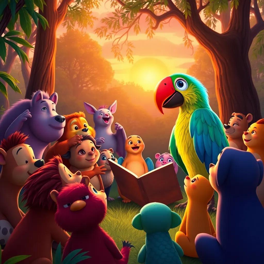 A gathering of forest animals listening attentively to Lolo the parrot telling stories, happy faces all around, sunset casting warm hues on the scene, magic of storytelling, colorful, heartwarming, high quality