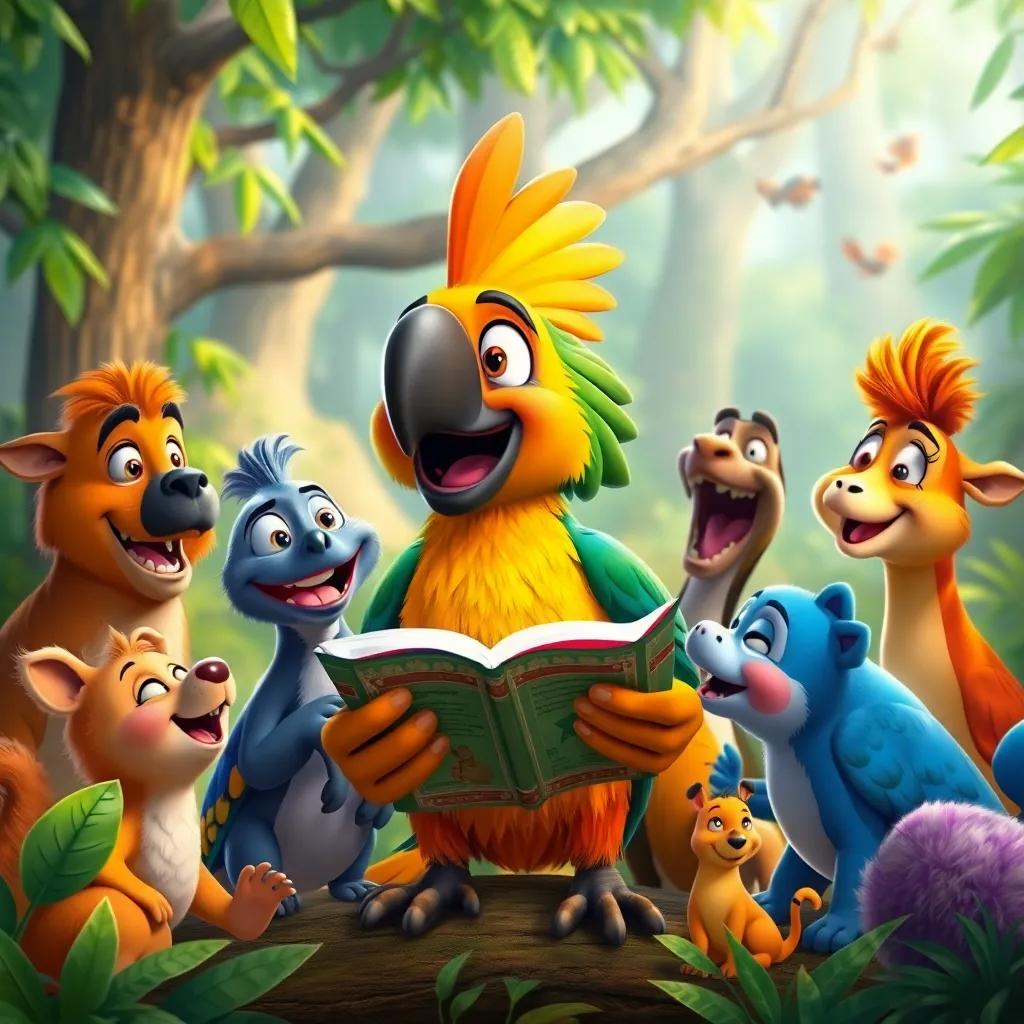 Lolo the parrot with his animal friends creating new stories together, vibrant forest background, joy and laughter shared among the animals, lively and engaging atmosphere, detailed illustration, high quality