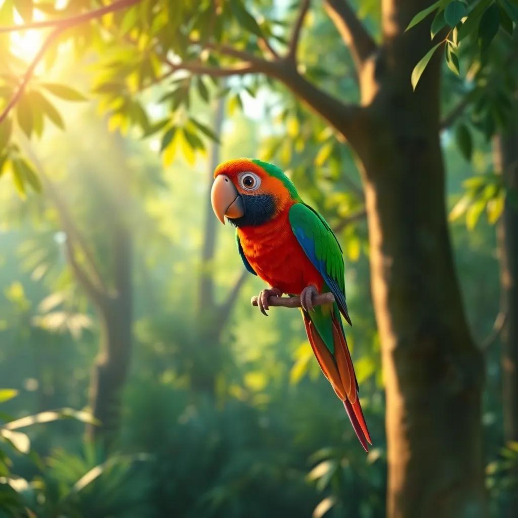 A colorful parrot named Pablo, sitting on a tall tree branch in a vibrant green forest, sunlight filtering through the leaves, digital art, warm tones, inviting atmosphere, high quality