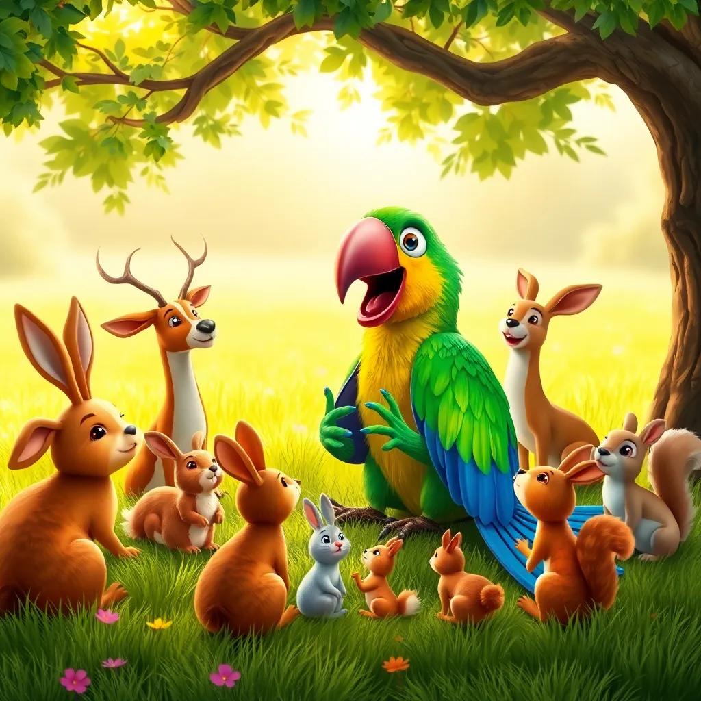 Pablo the parrot entertaining a group of various animals like rabbits, deer, and squirrels, sitting on soft grass under the shade of a tree, joyful expressions, whimsical style, colorful, magical