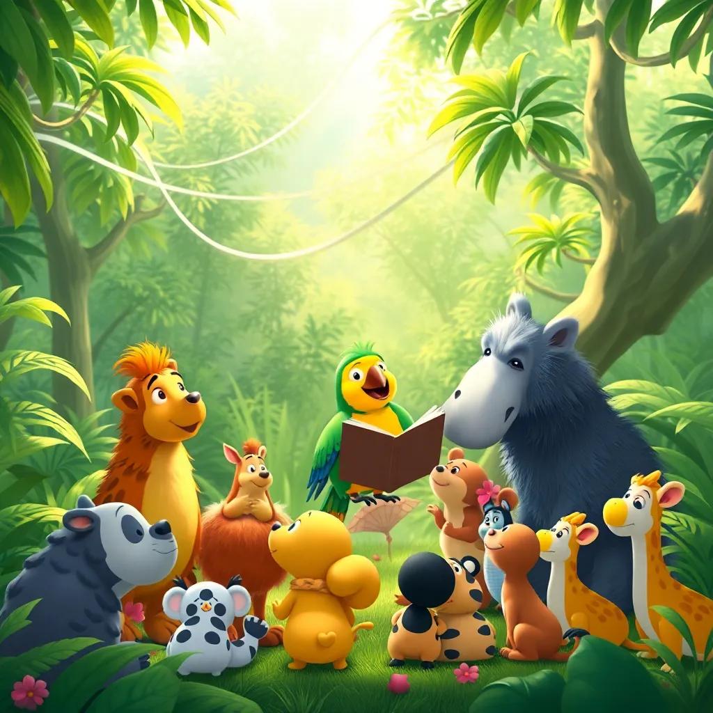 A gentle breeze blowing through the forest, with animals of all sizes gathered around Pablo the parrot, captivated by his storytelling, lush greenery in the background, cheerful mood, bright colors, illustration