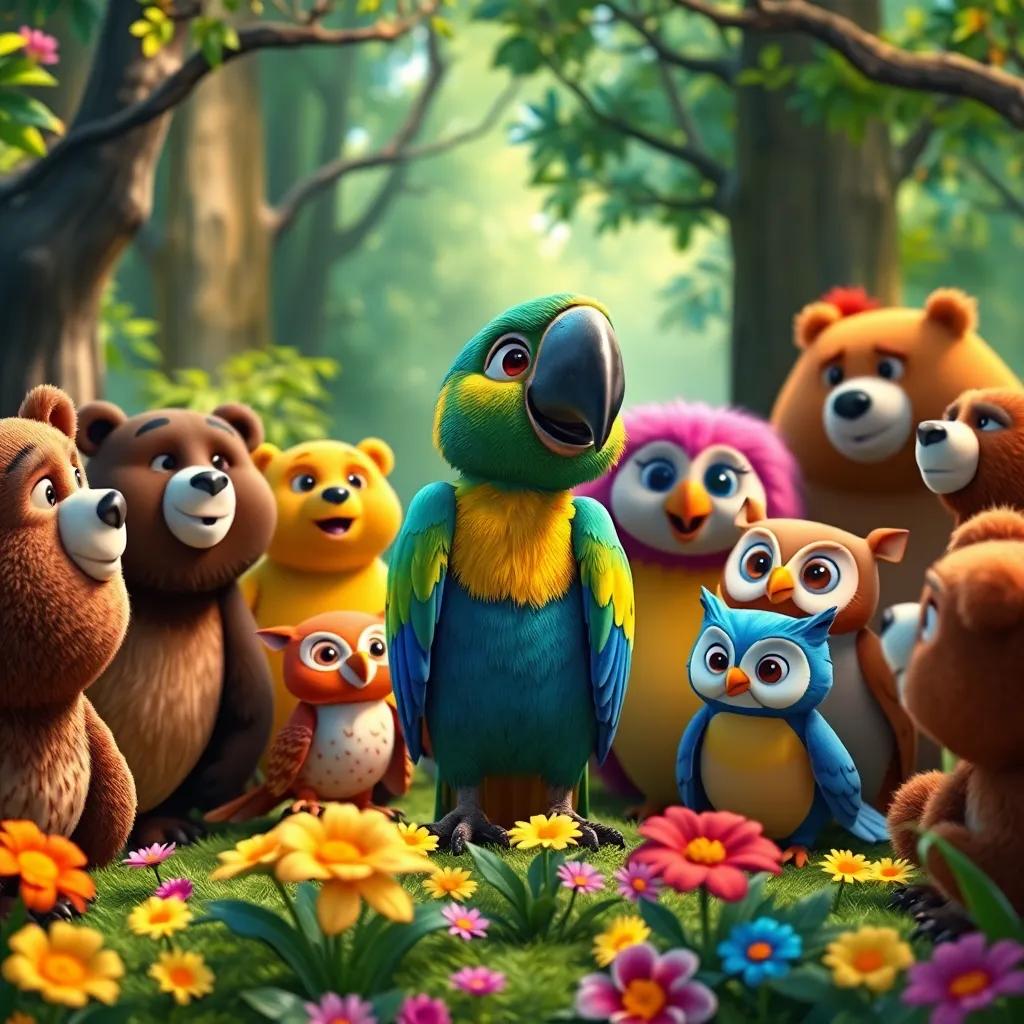 Pablo the parrot feeling like a hero, surrounded by a circle of smiling animals, including bears and owls, all listening intently, vibrant forest setting with colorful flowers, uplifting atmosphere, high quality