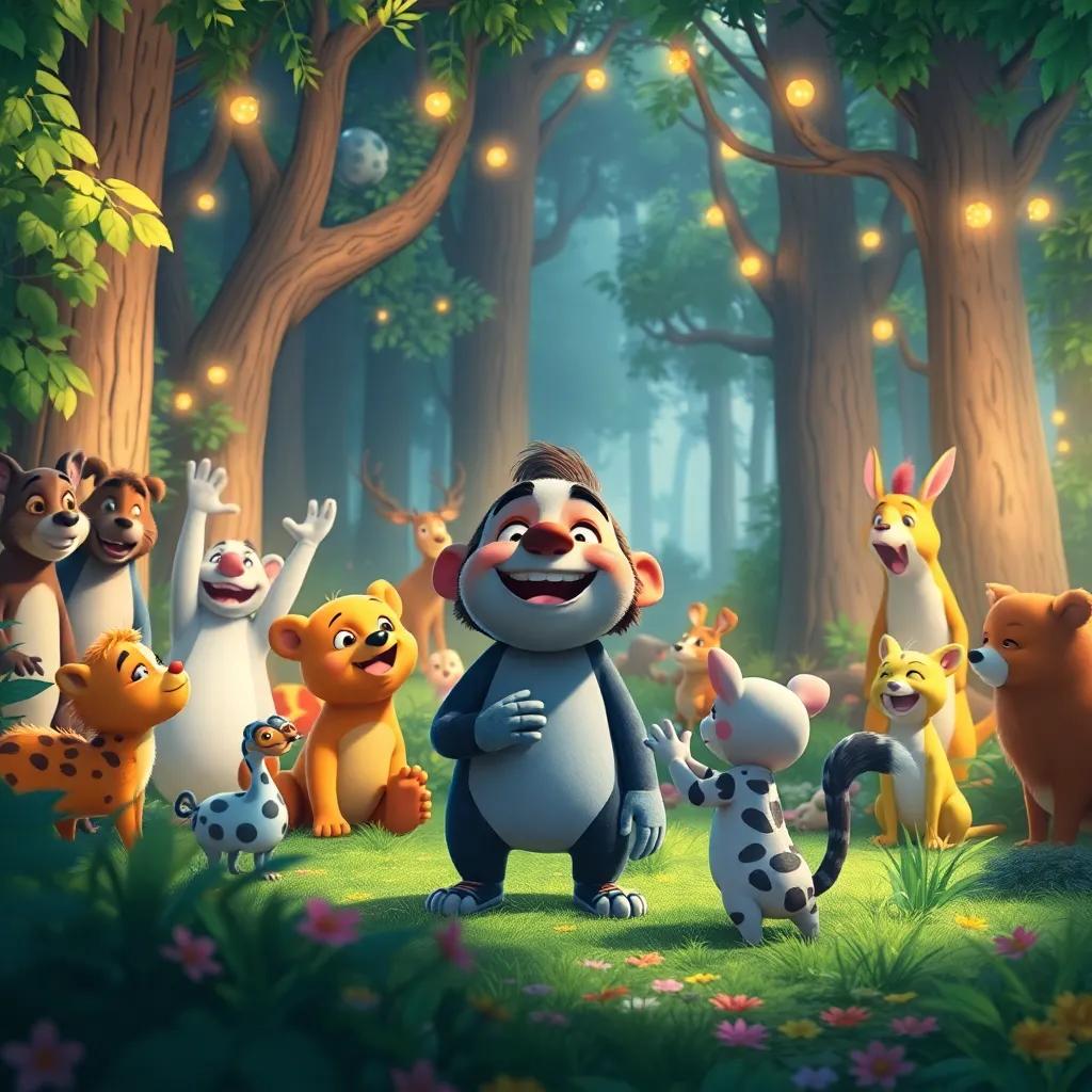 A wide view of the forest filled with animals celebrating the joy of storytelling, with Pablo front and center, bright colors, harmonious scene, enchanting ambiance, digital painting, high quality