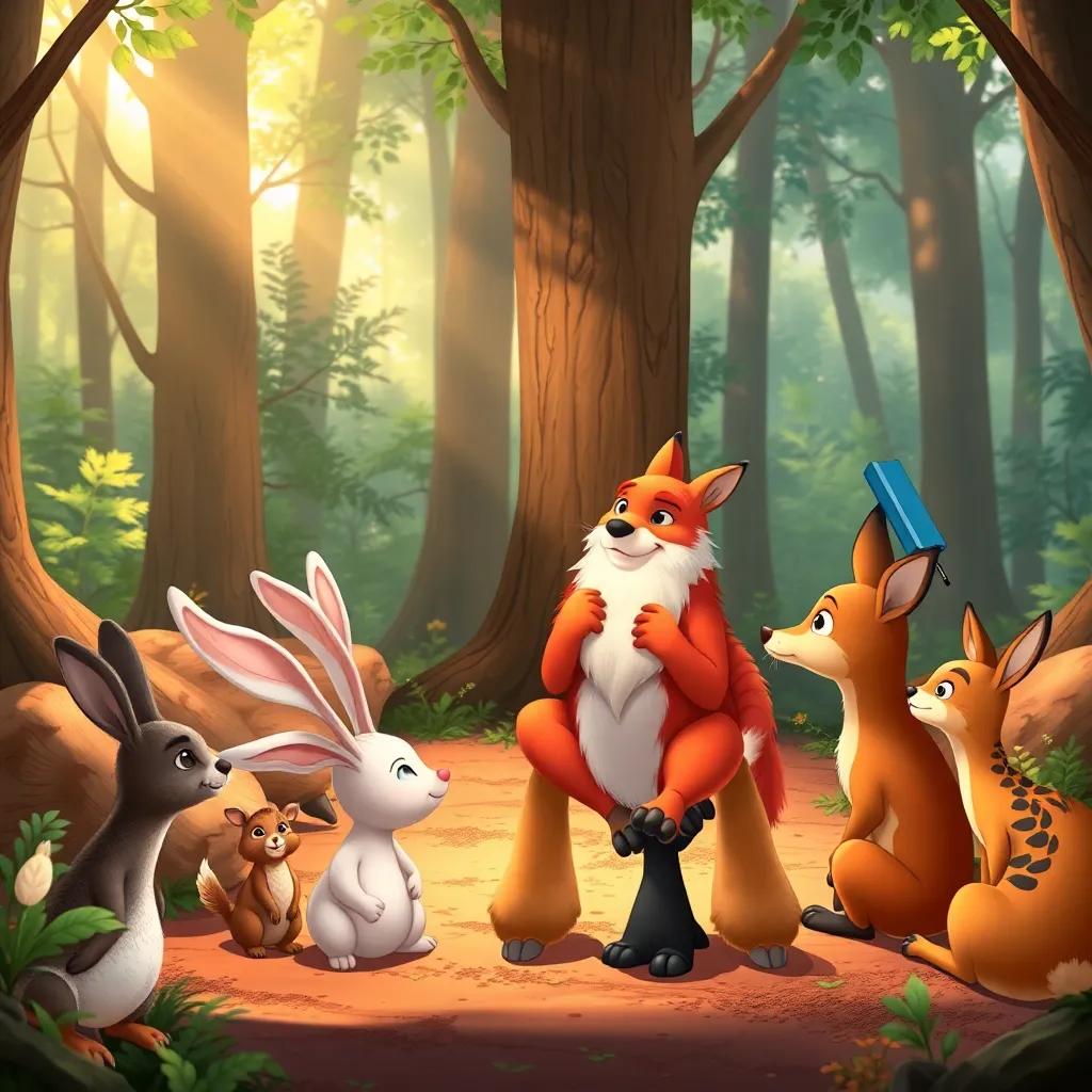 A gathering of forest animals including rabbits, deer, and a wise old fox, sitting on the forest floor listening intently to Pipo the parrot telling exciting tales, warm daylight filtering through trees, illustration, friendly and inviting, child-friendly