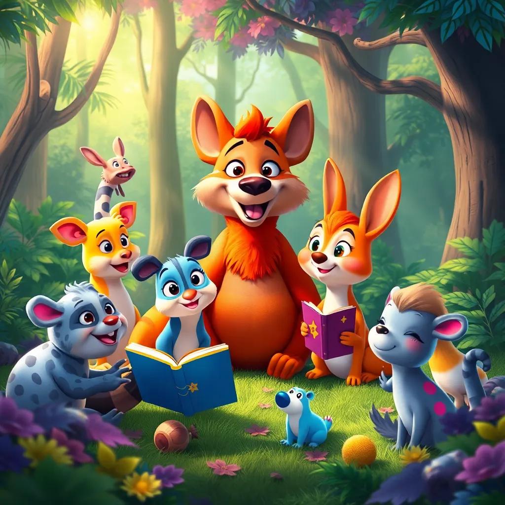 The animals imagining themselves as parts of adventures while Pipo tells stories, vibrant forest background, playful and colorful, digital painting, upbeat and cheerful scene, high quality
