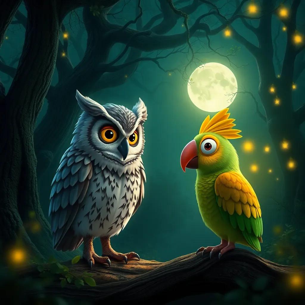 An old wise owl giving advice to Pipo the parrot, in a mystical forest setting, with ancient trees, soft moonlight, and glowing stars, digital art, mysterious atmosphere, rich colors, high quality