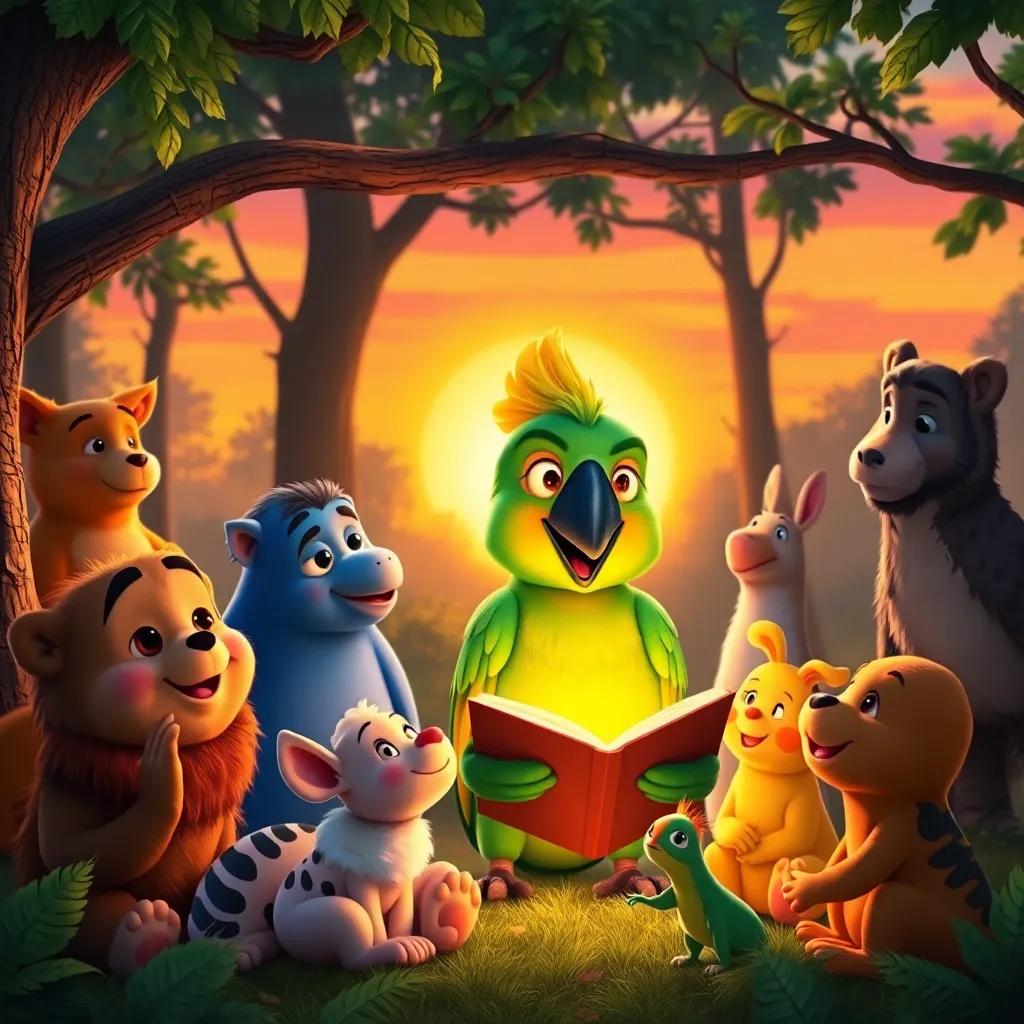 Pipo the parrot, surrounded by all the forest animals at sunset, sharing a magical story with a warm glow illuminating their faces, heartwarming scene, colorful, joyful atmosphere, high quality