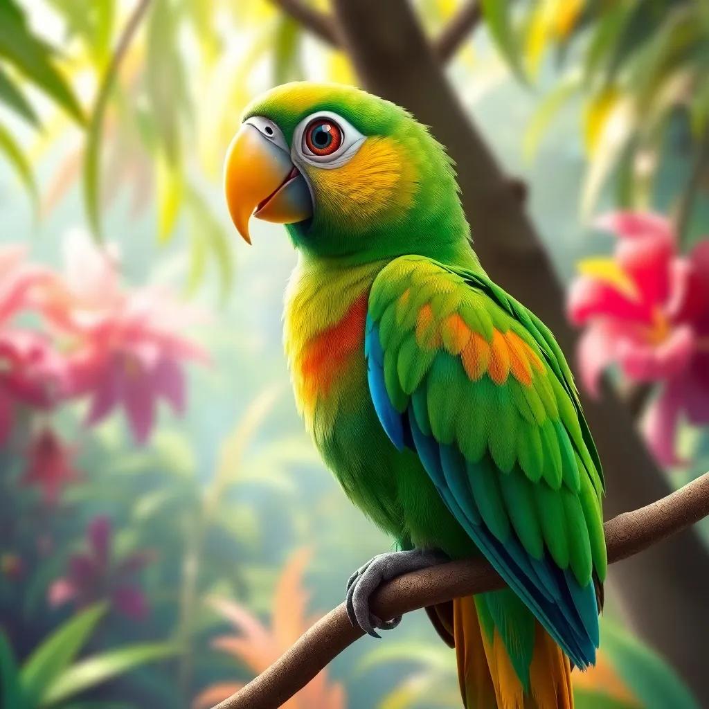 A colorful parrot named Tico, with green and blue feathers and a yellow beak, sitting on a tree branch in a vibrant jungle, digital art, bright colors, lively atmosphere, high quality