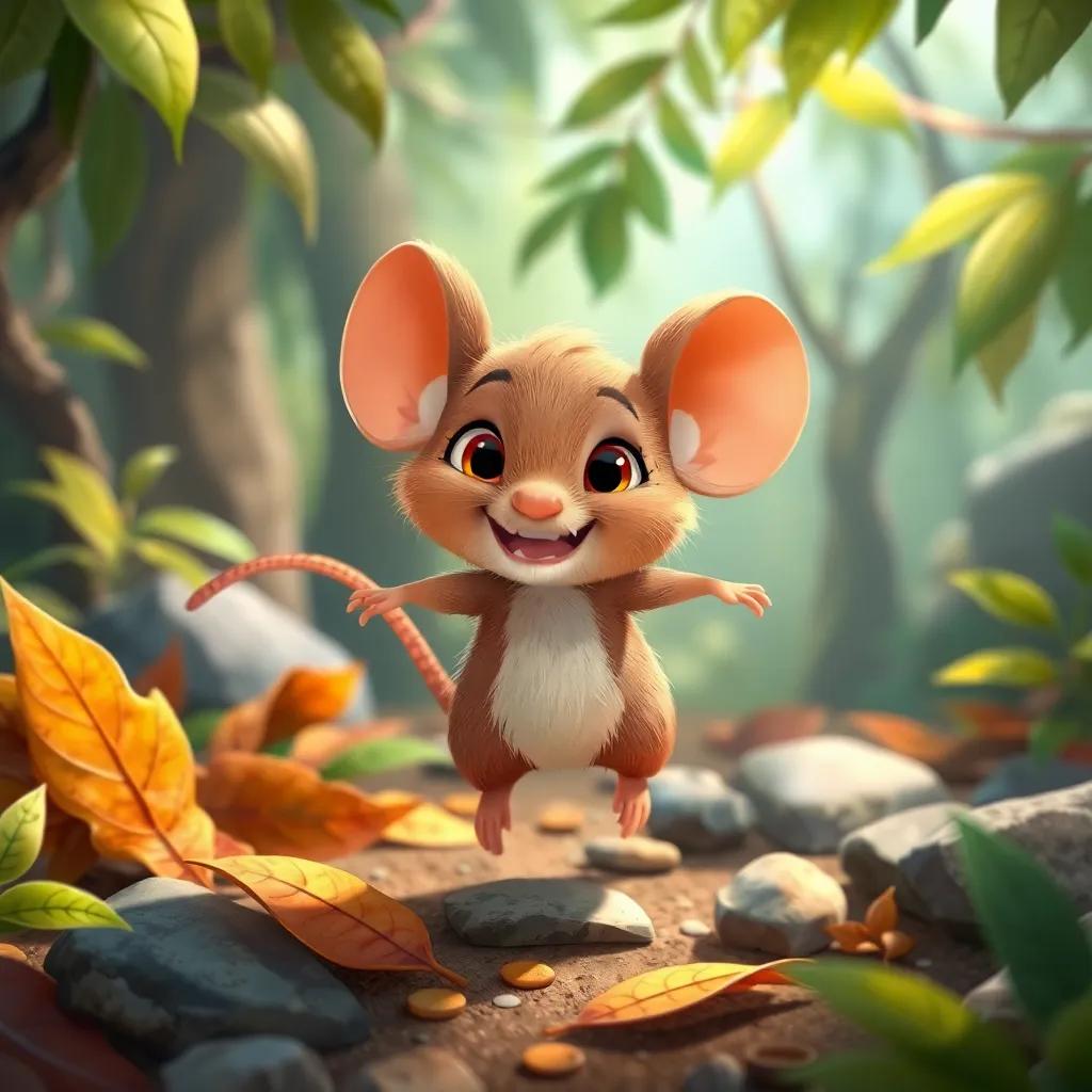 A small brown mouse named Ares, with soft fur and bright eyes, smiling as he jumps around gathered leaves and stones in a magical jungle, illustration, cheerful, playful, child-friendly