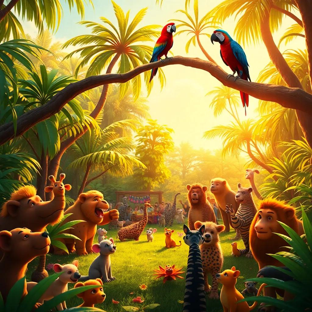 A beautiful jungle clearing filled with animals eagerly waiting for a party, with Tico the colorful parrot on a high branch, bathed in golden sunlight, vibrant colors, festive, warm atmosphere