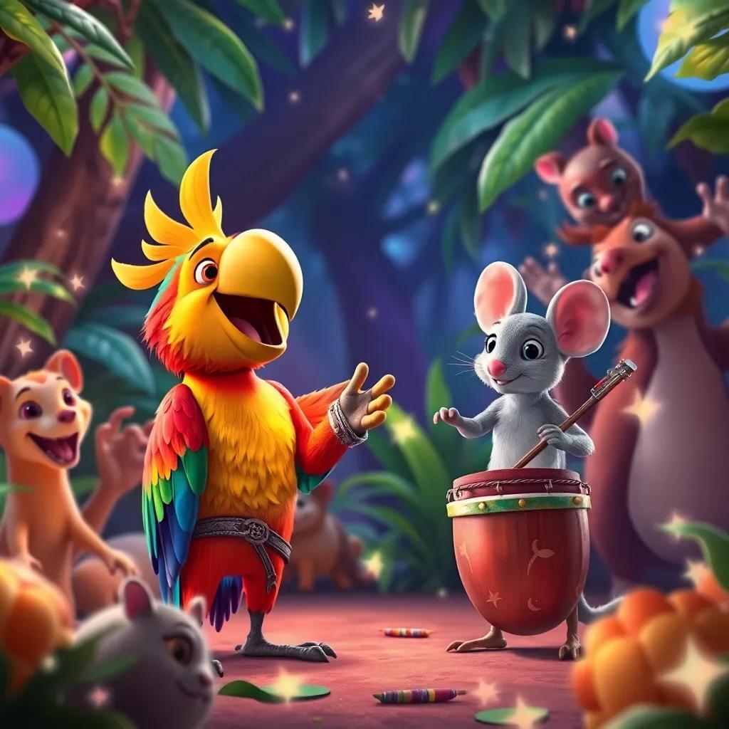 Tico the parrot singing joyfully with Ares the mouse performing on drums, surrounded by dancing animals in a magical jungle, sparkles around, celebration scene, colorful and inviting
