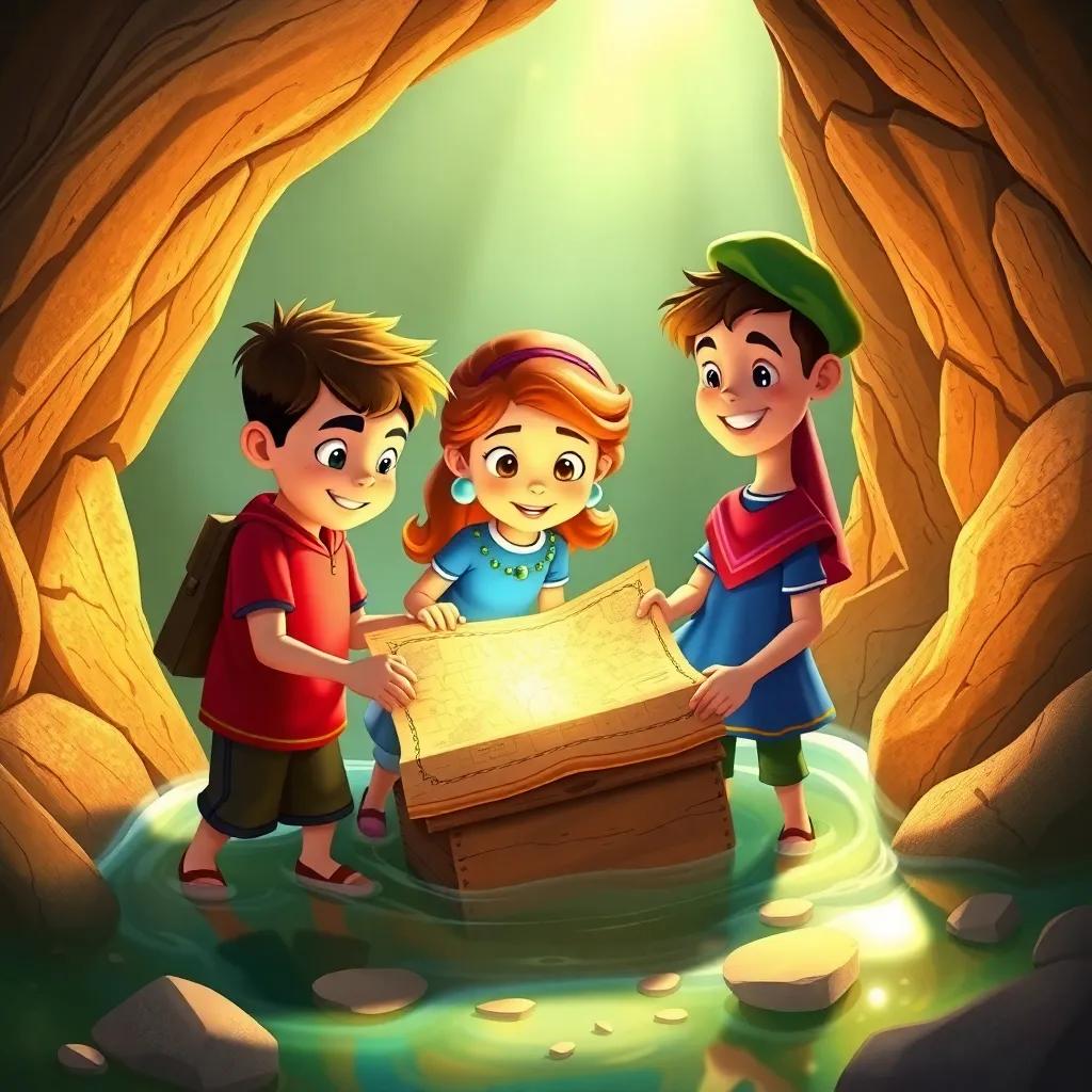 Un grupo de tres amigos, Tomás, un niño moreno con camiseta roja, Sofía, una niña rubia con un vestido azul, y Javi, un niño castaño con gorra verde, descubriendo un mapa brillante en un viejo baúl en un desván polvoriento, digital art, warm lighting, colorful details, whimsical atmosphere, high quality