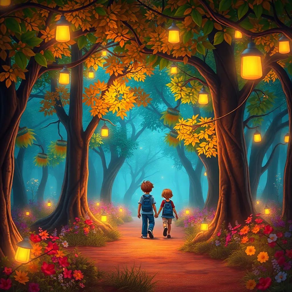 Un frondoso bosque iluminado por luces mágicas, con los tres amigos caminando por un sendero, bajo árboles con hojas en tonos vibrantes, lleno de flores coloridas, digital painting, enchanted forest, warm colors, delightful scenery, high quality